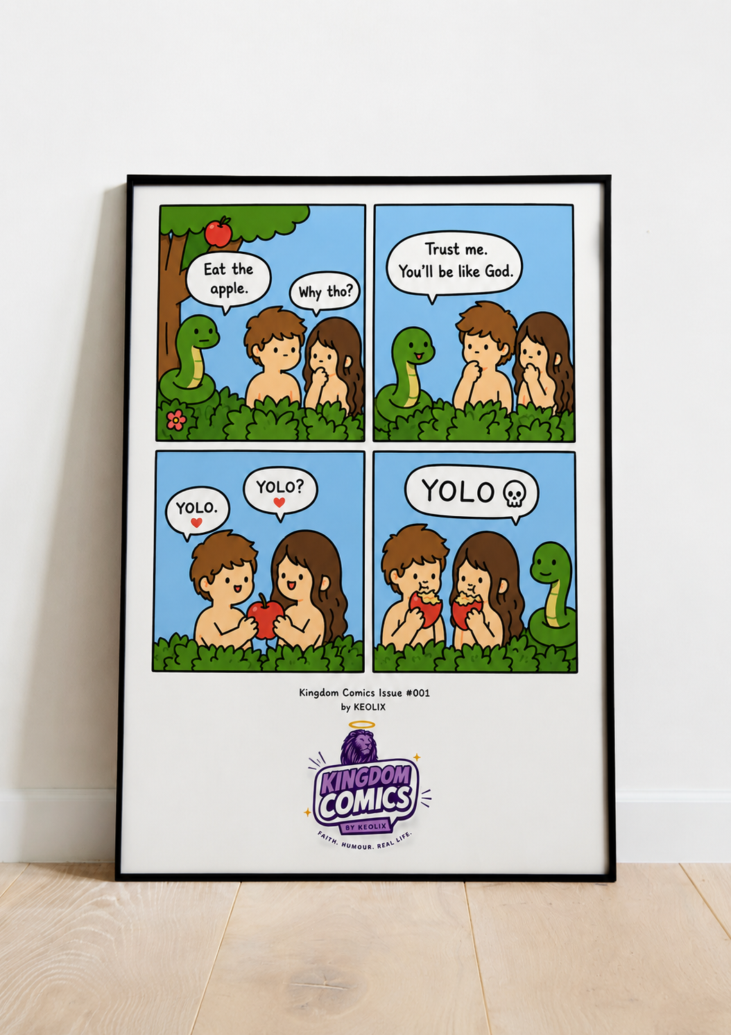 A framed comic art print titled 'English Comics Issue #001' by HENRY, featuring a cartoon illustration of Adam and Eve with a snake in a garden, leaning against a white wall on a light wood floor. The print has a black frame and a white mat, with the 'Funerom Comics' logo at the bottom.