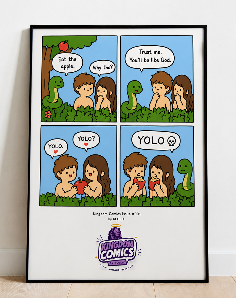 A framed comic art print titled 'English Comics Issue #001' by HENRY, featuring a cartoon illustration of Adam and Eve with a snake in a garden, leaning against a white wall on a light wood floor. The print has a black frame and a white mat, with the 'Funerom Comics' logo at the bottom.