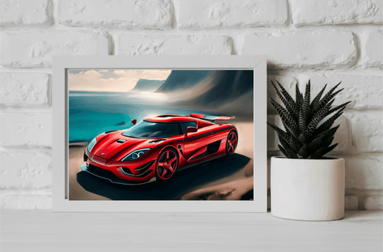 Introducing the Koenigsegg Car Art Print, a captivating addition to any space! This framed masterpiece showcases a bold, red sports car inspired by the iconic Koenigsegg Gemera. Imagine it parked majestically on a sandy beach with the ocean waves and towering cliffs creating a breathtaking backdrop. The car’s gleaming exterior perfectly captures the essence of cutting-edge automotive design. Presented leaning casually against a simple white wall on a wooden floor, this art print is sure to rev up your decor