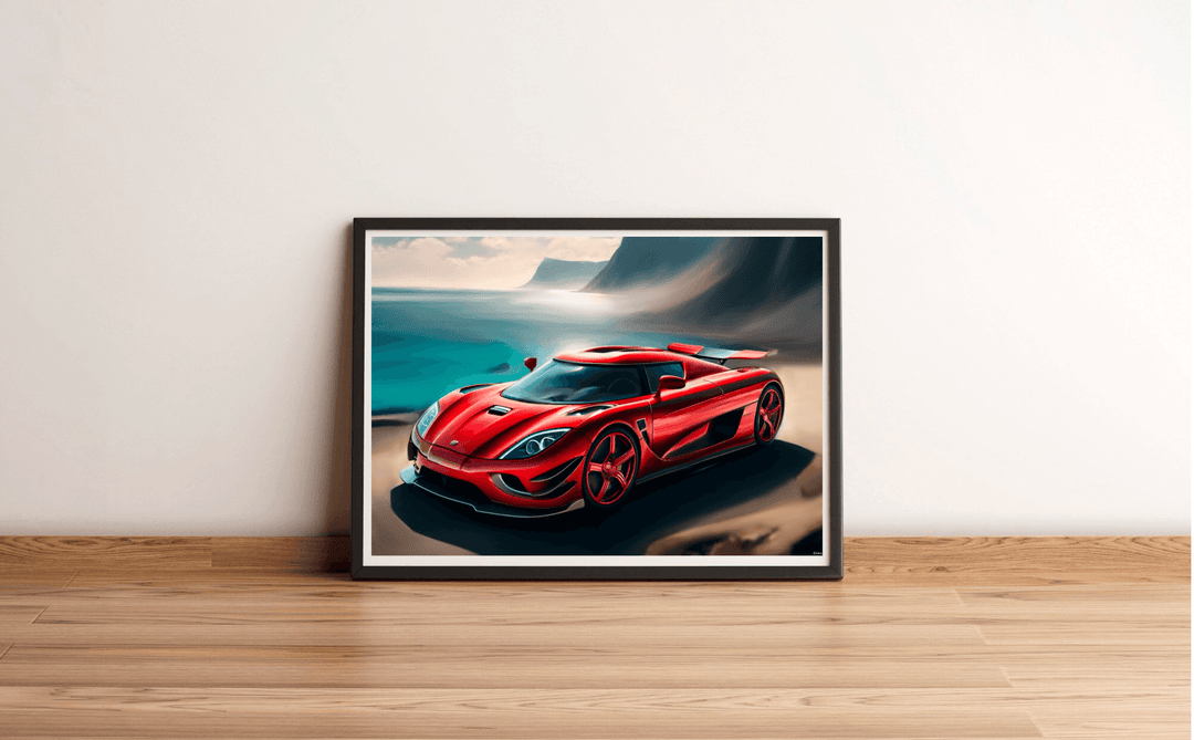 Introducing the Koenigsegg Car Art Print, a captivating addition to any space! This framed masterpiece showcases a bold, red sports car inspired by the iconic Koenigsegg Gemera. Imagine it parked majestically on a sandy beach with the ocean waves and towering cliffs creating a breathtaking backdrop. The car’s gleaming exterior perfectly captures the essence of cutting-edge automotive design. Presented leaning casually against a simple white wall on a wooden floor, this art print is sure to rev up your decor