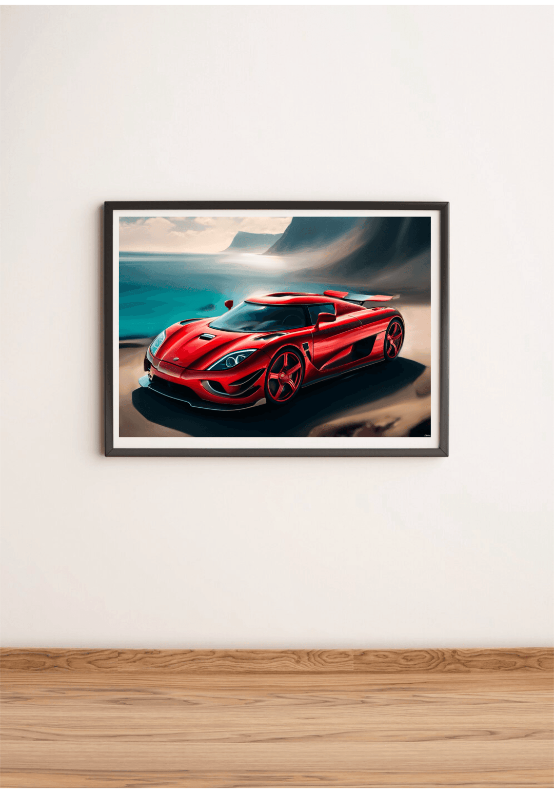 Introducing the Koenigsegg Car Art Print, a captivating addition to any space! This framed masterpiece showcases a bold, red sports car inspired by the iconic Koenigsegg Gemera. Imagine it parked majestically on a sandy beach with the ocean waves and towering cliffs creating a breathtaking backdrop. The car’s gleaming exterior perfectly captures the essence of cutting-edge automotive design. Presented leaning casually against a simple white wall on a wooden floor, this art print is sure to rev up your decor