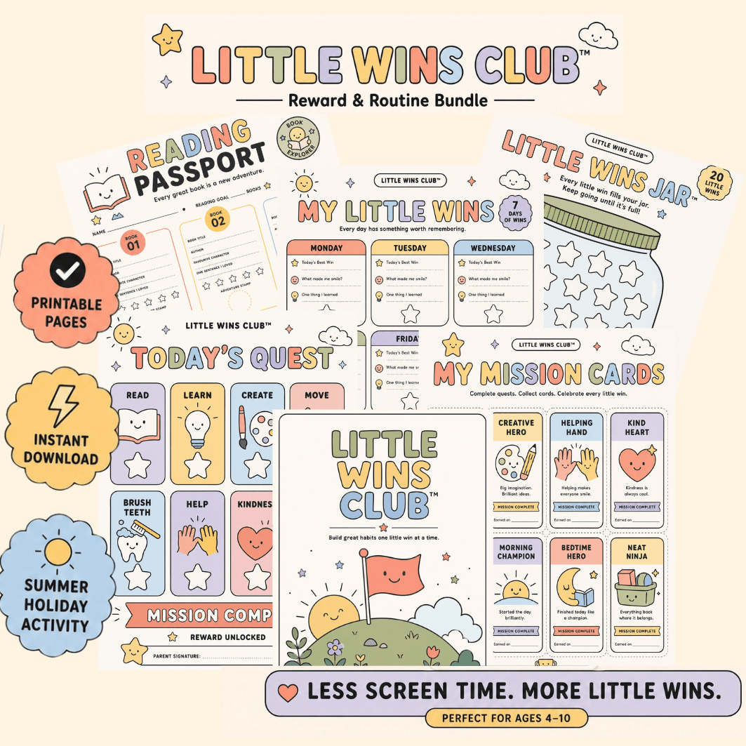 A promotional collage for a printable reward and routine bundle titled 'Little Wins Club,' showing sample pages and cards such as a reading passport, today's quest, my little wins tracker, mission cards, and summer holiday activity callouts on a light cream background.
