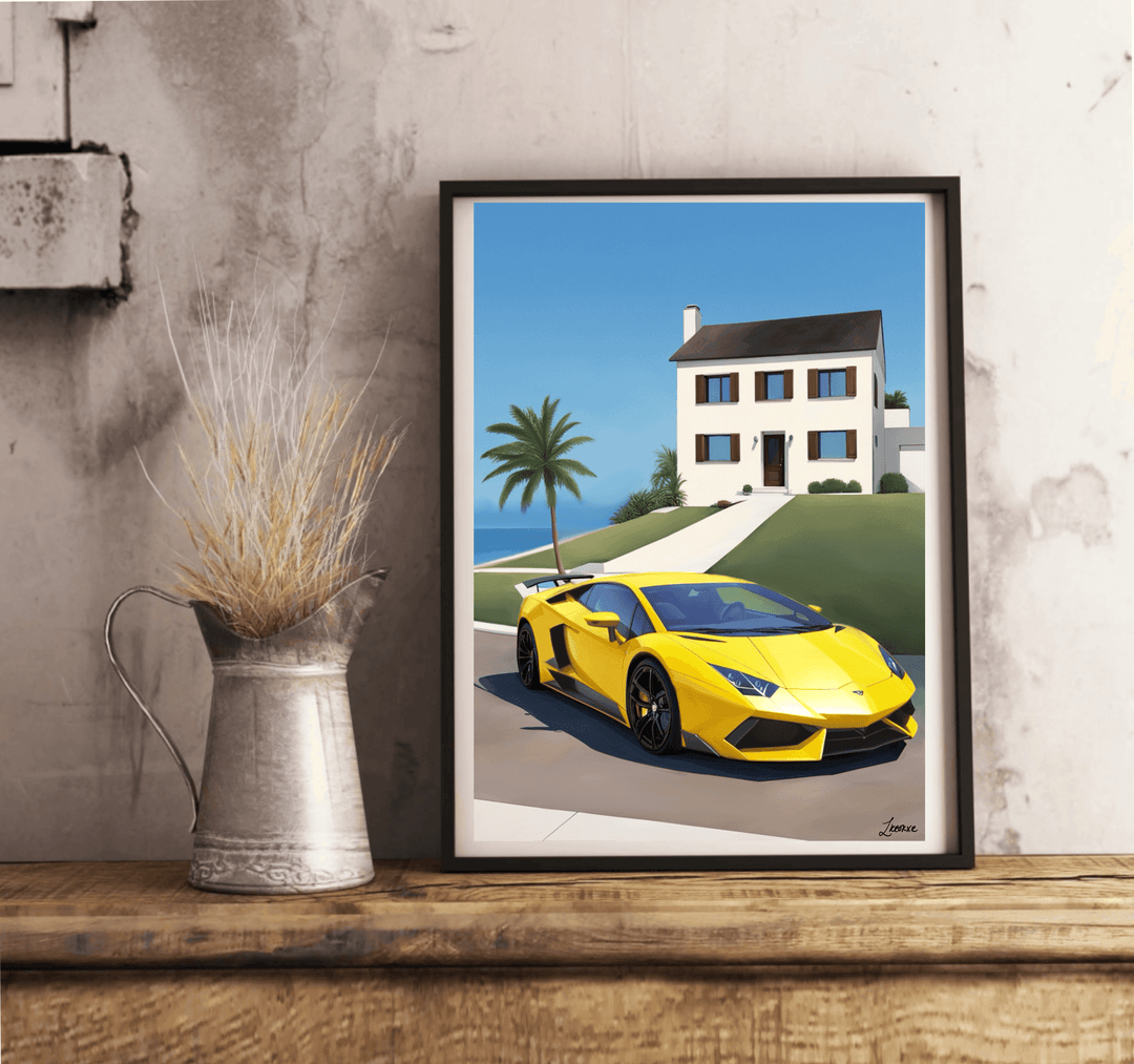 Introducing the Luxury Lamborghini Seaside Print—a delightful splash of automotive elegance for your space! This captivating image showcases a stunning yellow sports car parked in front of a chic, two-story white house with distinctive black shutters. The graceful palm tree beside it adds an extra touch of tropical flair. With a bright blue sky and the ocean serving as the perfect backdrop, this print beautifully encapsulates the essence of high-end coastal living. Elevate your décor with this vibrant piece