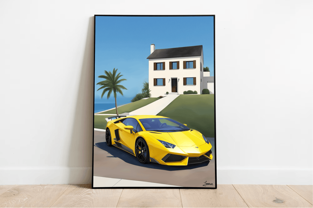 Introducing the Luxury Lamborghini Seaside Print—a delightful splash of automotive elegance for your space! This captivating image showcases a stunning yellow sports car parked in front of a chic, two-story white house with distinctive black shutters. The graceful palm tree beside it adds an extra touch of tropical flair. With a bright blue sky and the ocean serving as the perfect backdrop, this print beautifully encapsulates the essence of high-end coastal living. Elevate your décor with this vibrant piece