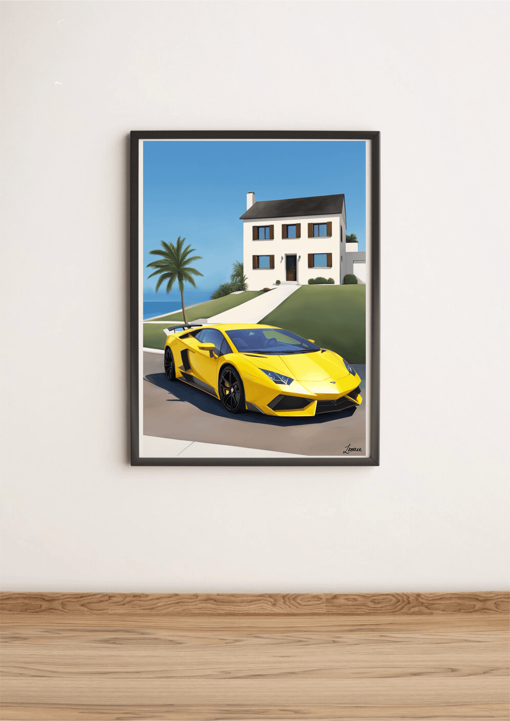 Introducing the Luxury Lamborghini Seaside Print—a delightful splash of automotive elegance for your space! This captivating image showcases a stunning yellow sports car parked in front of a chic, two-story white house with distinctive black shutters. The graceful palm tree beside it adds an extra touch of tropical flair. With a bright blue sky and the ocean serving as the perfect backdrop, this print beautifully encapsulates the essence of high-end coastal living. Elevate your décor with this vibrant piece