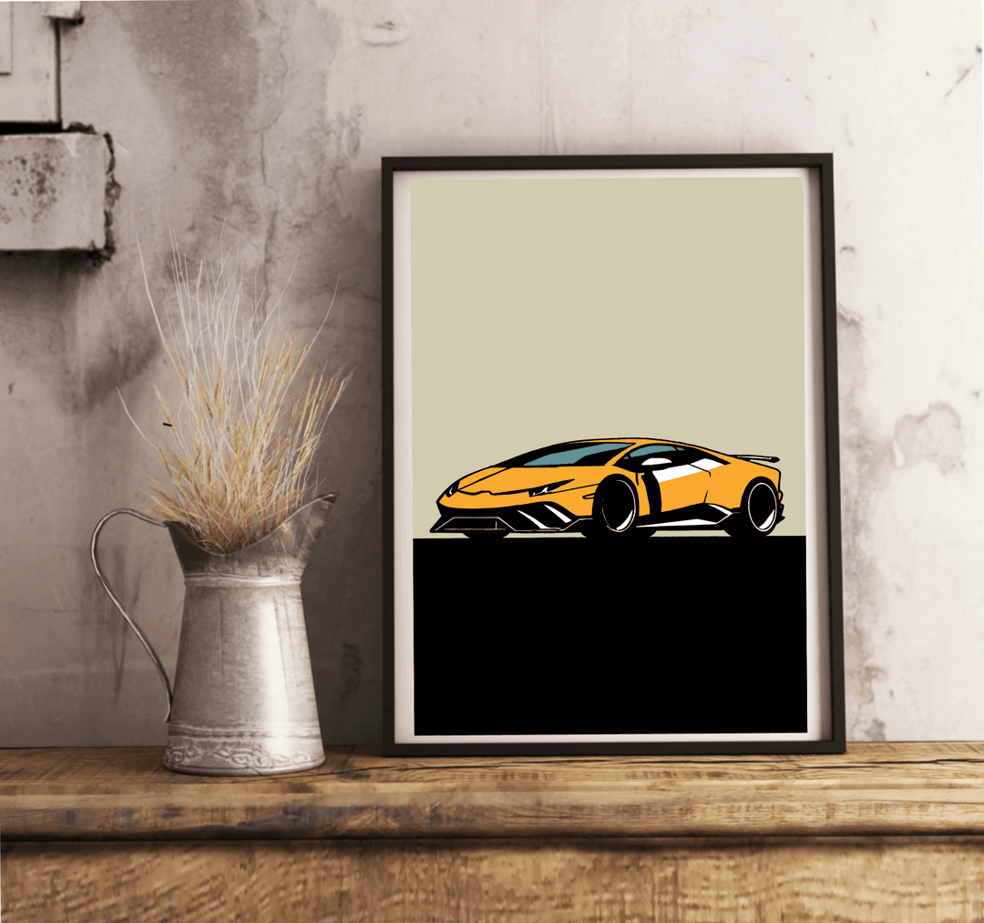 Introducing our captivating **Lamborghini-Inspired Minimalistic Print**—a framed illustration that's sure to rev up your decor! Featuring a sleek and angular yellow sports car outlined in bold black against a chic gray background, this piece adds the perfect touch of minimalist flair to any space. Imagine it propped creatively on a wooden floor against a soft beige wall—it’s just right for automotive enthusiasts looking to make their surroundings truly stand out. Get ready to let your passion for sporty ele