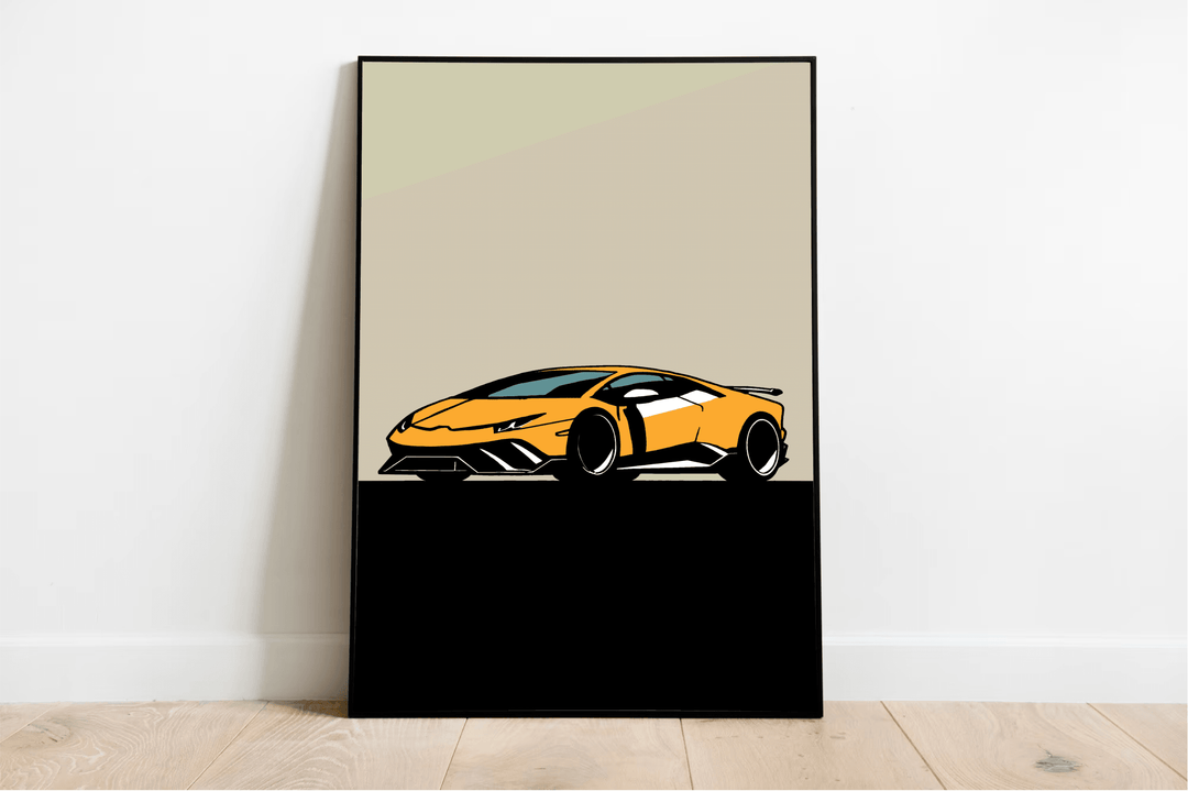 Introducing our captivating **Lamborghini-Inspired Minimalistic Print**—a framed illustration that's sure to rev up your decor! Featuring a sleek and angular yellow sports car outlined in bold black against a chic gray background, this piece adds the perfect touch of minimalist flair to any space. Imagine it propped creatively on a wooden floor against a soft beige wall—it’s just right for automotive enthusiasts looking to make their surroundings truly stand out. Get ready to let your passion for sporty ele