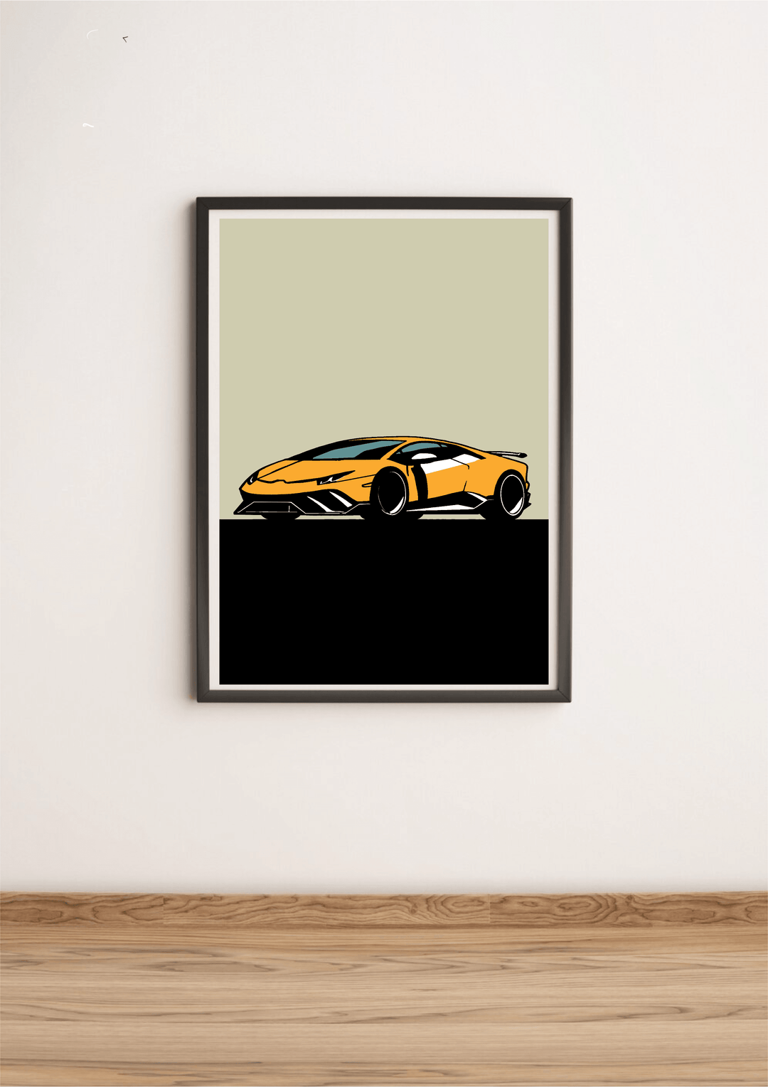 Introducing our captivating **Lamborghini-Inspired Minimalistic Print**—a framed illustration that's sure to rev up your decor! Featuring a sleek and angular yellow sports car outlined in bold black against a chic gray background, this piece adds the perfect touch of minimalist flair to any space. Imagine it propped creatively on a wooden floor against a soft beige wall—it’s just right for automotive enthusiasts looking to make their surroundings truly stand out. Get ready to let your passion for sporty ele