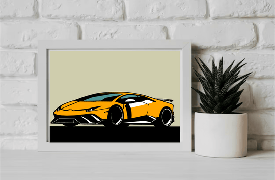 Introducing our captivating **Lamborghini-Inspired Minimalistic Print**—a framed illustration that's sure to rev up your decor! Featuring a sleek and angular yellow sports car outlined in bold black against a chic gray background, this piece adds the perfect touch of minimalist flair to any space. Imagine it propped creatively on a wooden floor against a soft beige wall—it’s just right for automotive enthusiasts looking to make their surroundings truly stand out. Get ready to let your passion for sporty ele