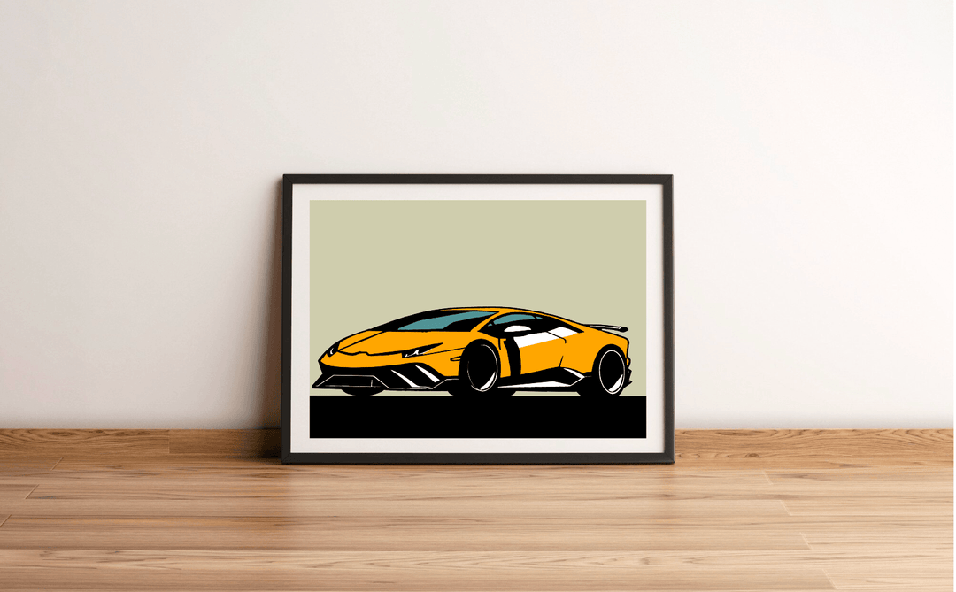 Introducing our captivating **Lamborghini-Inspired Minimalistic Print**—a framed illustration that's sure to rev up your decor! Featuring a sleek and angular yellow sports car outlined in bold black against a chic gray background, this piece adds the perfect touch of minimalist flair to any space. Imagine it propped creatively on a wooden floor against a soft beige wall—it’s just right for automotive enthusiasts looking to make their surroundings truly stand out. Get ready to let your passion for sporty ele