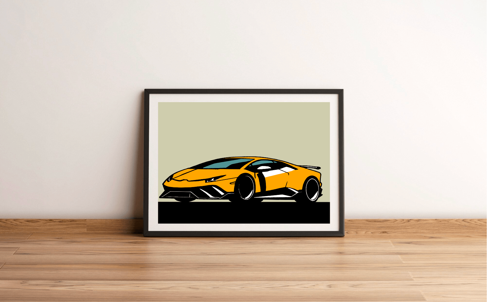 Introducing our captivating **Lamborghini-Inspired Minimalistic Print**—a framed illustration that's sure to rev up your decor! Featuring a sleek and angular yellow sports car outlined in bold black against a chic gray background, this piece adds the perfect touch of minimalist flair to any space. Imagine it propped creatively on a wooden floor against a soft beige wall—it’s just right for automotive enthusiasts looking to make their surroundings truly stand out. Get ready to let your passion for sporty ele