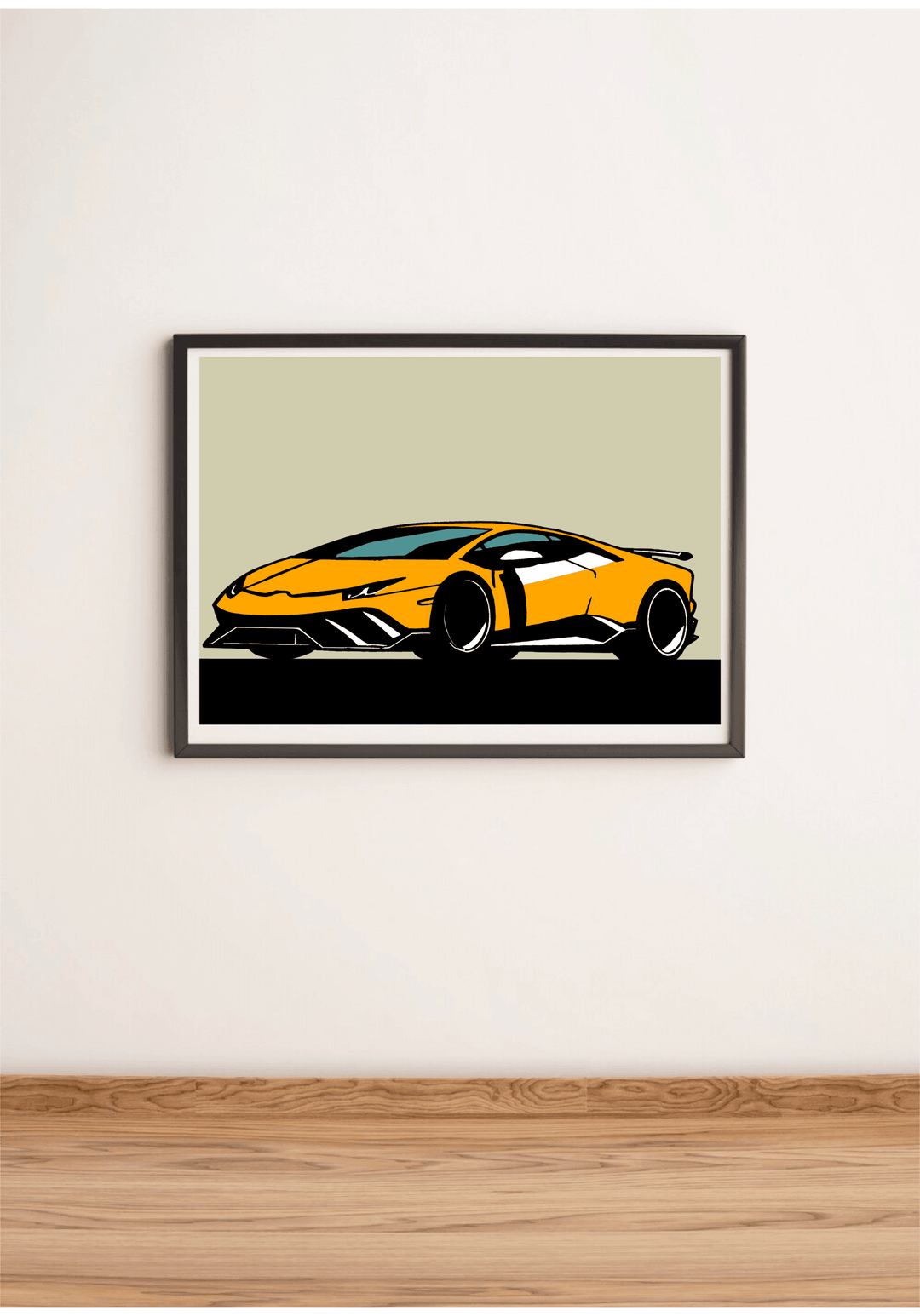 Introducing our captivating **Lamborghini-Inspired Minimalistic Print**—a framed illustration that's sure to rev up your decor! Featuring a sleek and angular yellow sports car outlined in bold black against a chic gray background, this piece adds the perfect touch of minimalist flair to any space. Imagine it propped creatively on a wooden floor against a soft beige wall—it’s just right for automotive enthusiasts looking to make their surroundings truly stand out. Get ready to let your passion for sporty ele