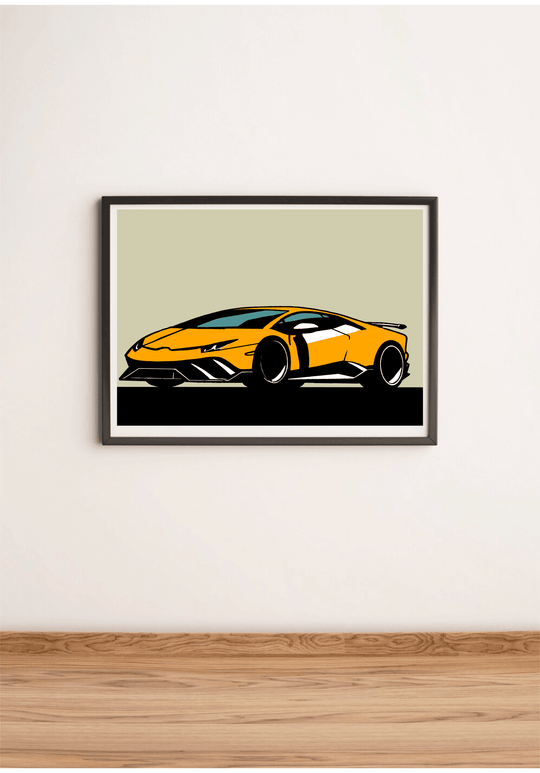 Introducing our captivating **Lamborghini-Inspired Minimalistic Print**—a framed illustration that's sure to rev up your decor! Featuring a sleek and angular yellow sports car outlined in bold black against a chic gray background, this piece adds the perfect touch of minimalist flair to any space. Imagine it propped creatively on a wooden floor against a soft beige wall—it’s just right for automotive enthusiasts looking to make their surroundings truly stand out. Get ready to let your passion for sporty ele