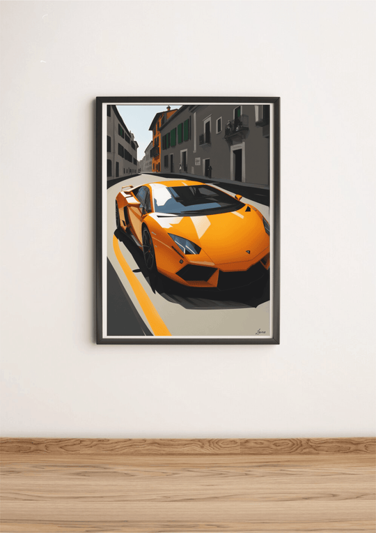 Bold and dynamic art print featuring a sleek orange Lamborghini supercar driving through an Italian street. A must-have for car enthusiasts and lovers of luxury, perfect for adding a touch of speed and style to any wall - Baby Keo.