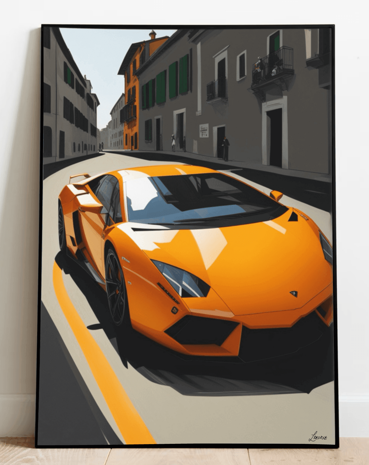 Bold and dynamic art print featuring a sleek orange Lamborghini supercar driving through an Italian street. A must-have for car enthusiasts and lovers of luxury, perfect for adding a touch of speed and style to any wall KEOLIX 