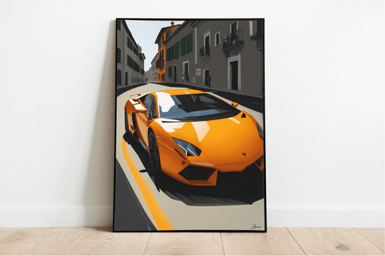 Bold and dynamic art print featuring a sleek orange Lamborghini supercar driving through an Italian street. A must-have for car enthusiasts and lovers of luxury, perfect for adding a touch of speed and style to any wall - Baby Keo.