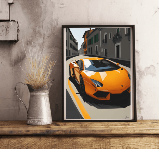 Bold and dynamic art print featuring a sleek orange Lamborghini supercar driving through an Italian street. A must-have for car enthusiasts and lovers of luxury, perfect for adding a touch of speed and style to any wall - Baby Keo.