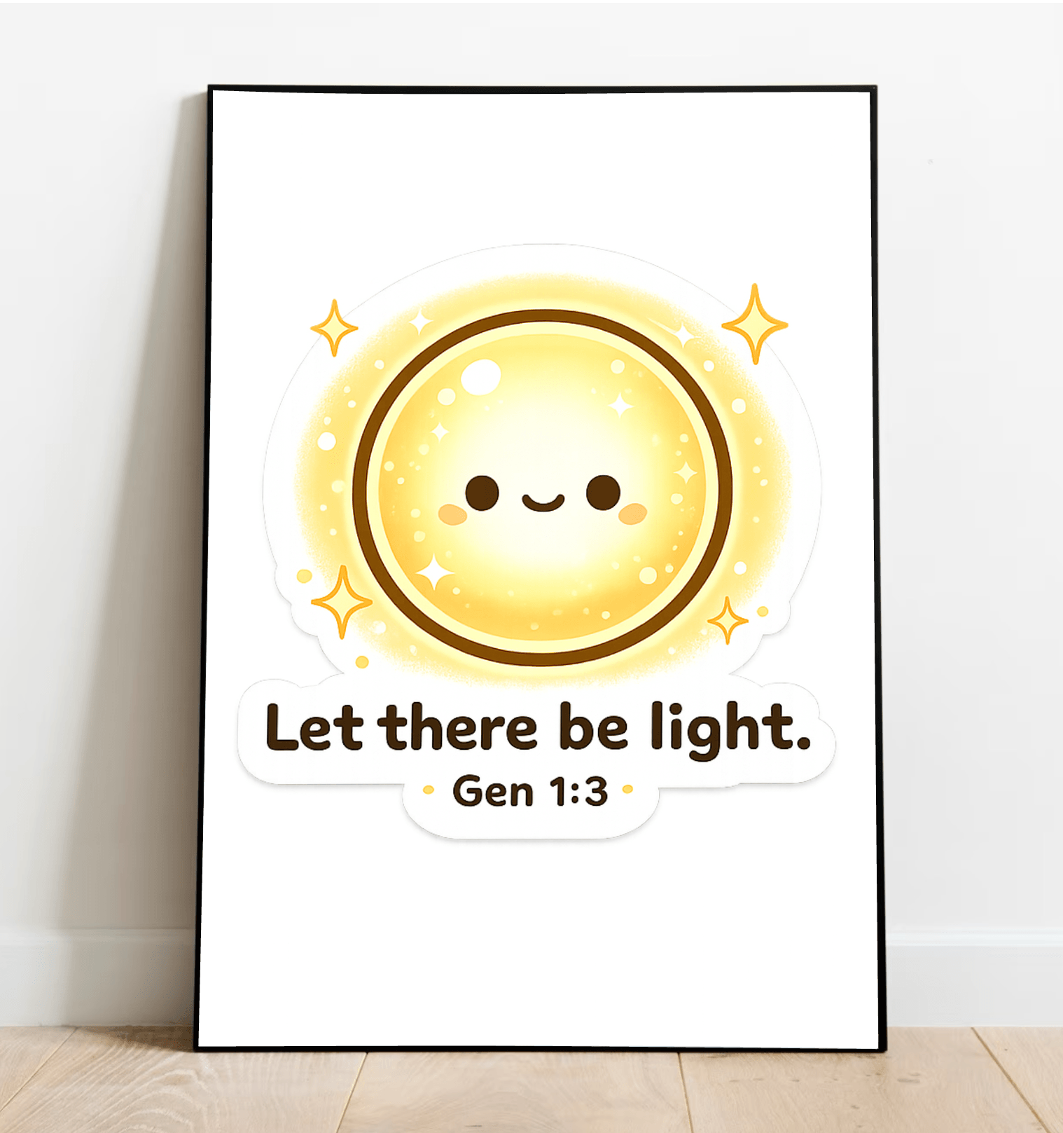Let there be light art print Genesis 1:3 cute kawaii glowing light wall decor minimalist poster