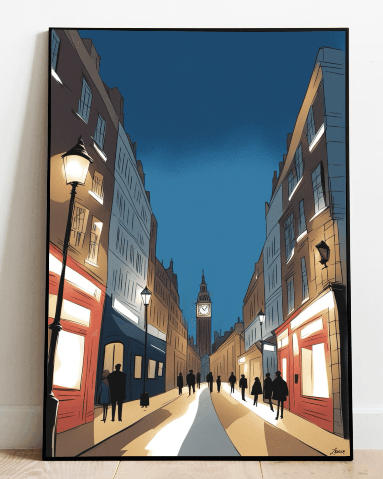 Discover the charm of a London evening with our captivating London Nightscape Artwork Print. Resting gracefully against a crisp white wall on a warm wooden floor, this framed masterpiece brings to life a narrow street scene at dusk. Imagine warmly glowing streetlights casting their golden hue as they illuminate the quaint buildings and silhouettes of leisurely strolling passersby. The backdrop is beautifully dominated by an iconic clock tower, standing majestically under the enchanting deep blue sky. 