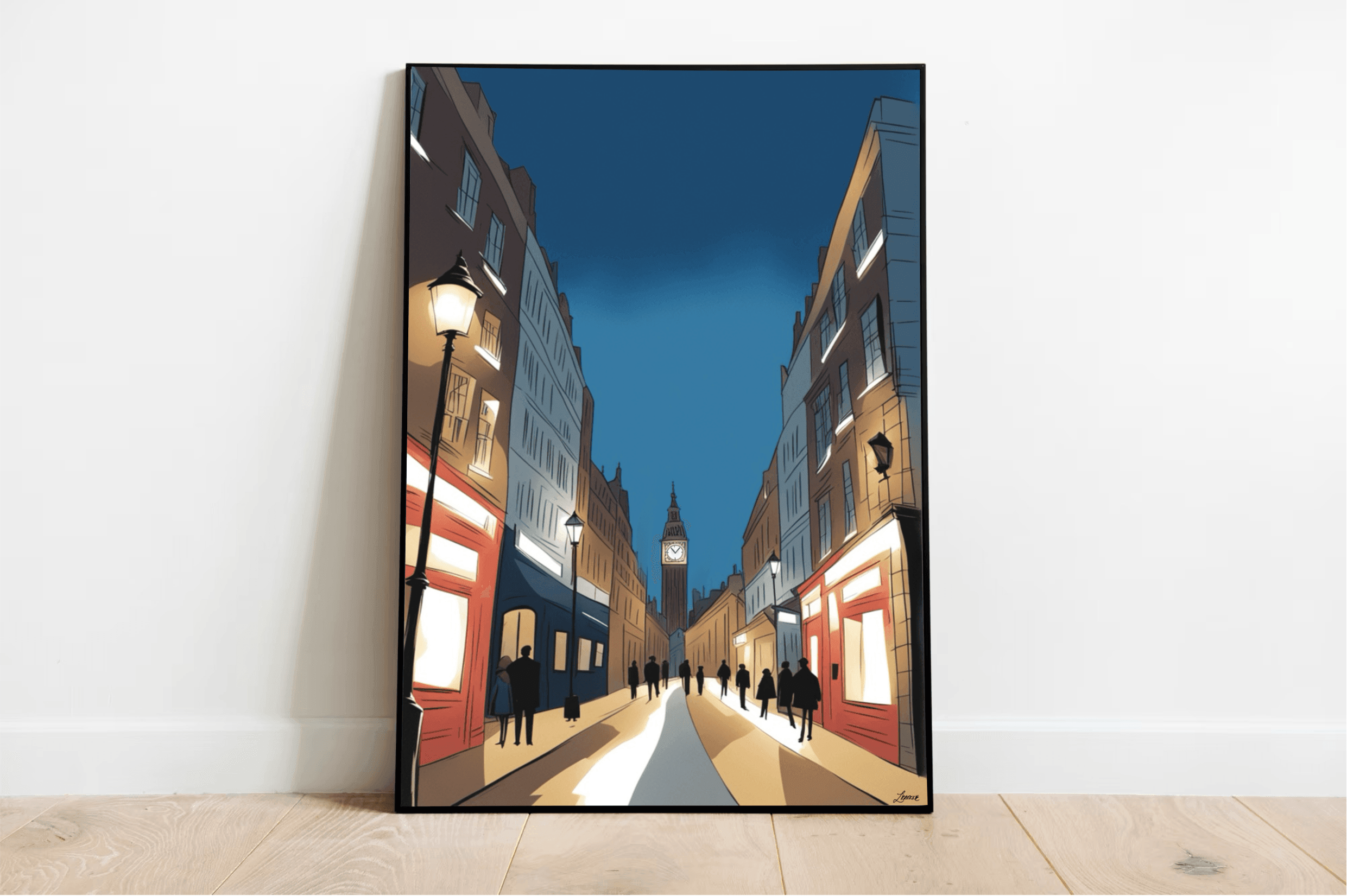 Discover the charm of a London evening with our captivating London Nightscape Artwork Print. Resting gracefully against a crisp white wall on a warm wooden floor, this framed masterpiece brings to life a narrow street scene at dusk. Imagine warmly glowing streetlights casting their golden hue as they illuminate the quaint buildings and silhouettes of leisurely strolling passersby. The backdrop is beautifully dominated by an iconic clock tower, standing majestically under the enchanting deep blue sky. 