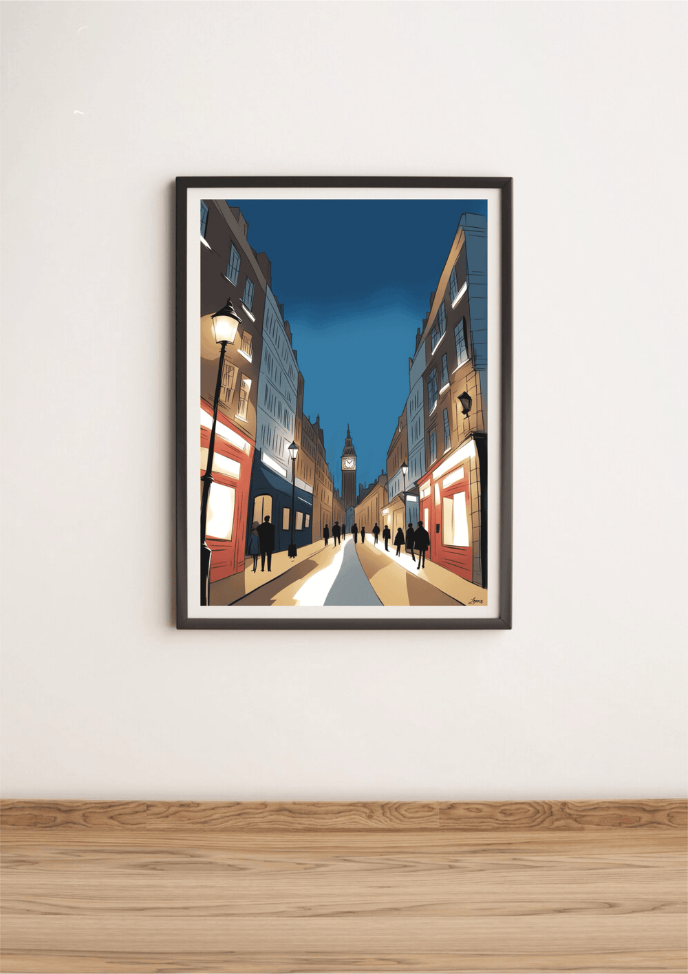 Discover the charm of a London evening with our captivating London Nightscape Artwork Print. Resting gracefully against a crisp white wall on a warm wooden floor, this framed masterpiece brings to life a narrow street scene at dusk. Imagine warmly glowing streetlights casting their golden hue as they illuminate the quaint buildings and silhouettes of leisurely strolling passersby. The backdrop is beautifully dominated by an iconic clock tower, standing majestically under the enchanting deep blue sky. Let yo