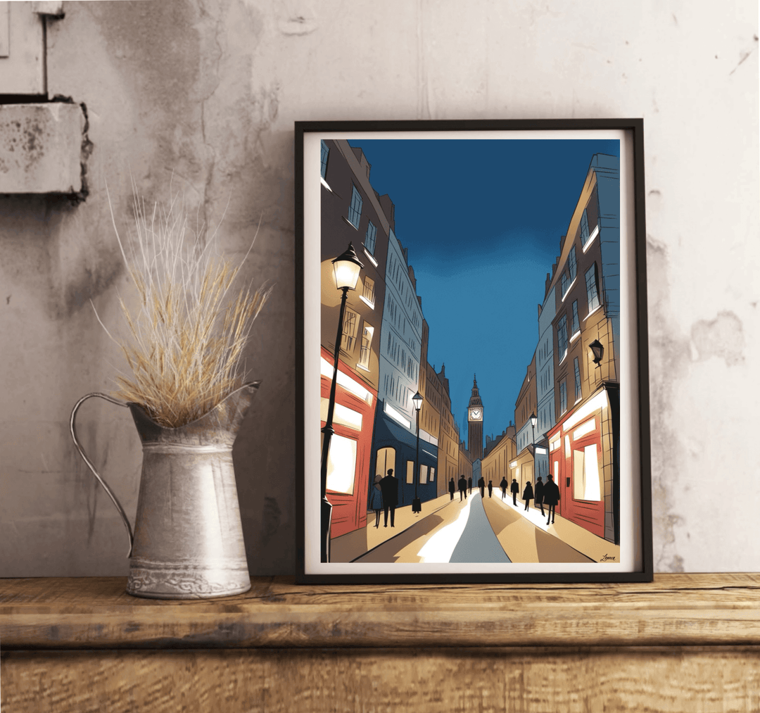 Discover the charm of a London evening with our captivating London Nightscape Artwork Print. Resting gracefully against a crisp white wall on a warm wooden floor, this framed masterpiece brings to life a narrow street scene at dusk. Imagine warmly glowing streetlights casting their golden hue as they illuminate the quaint buildings and silhouettes of leisurely strolling passersby. The backdrop is beautifully dominated by an iconic clock tower, standing majestically under the enchanting deep blue sky. Let yo