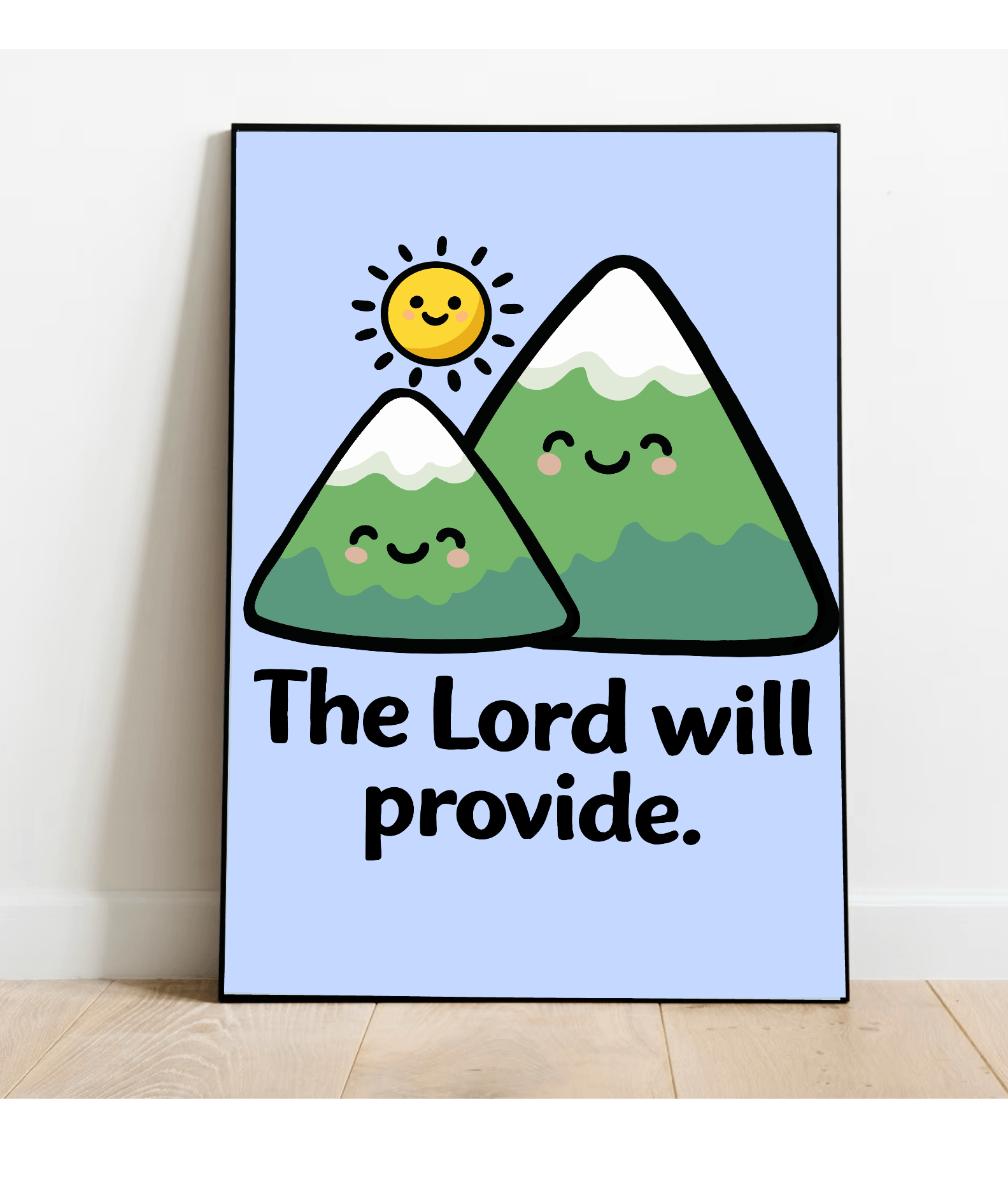 the lord will provide art print cute mountain wall decor kawaii christian poster blue background