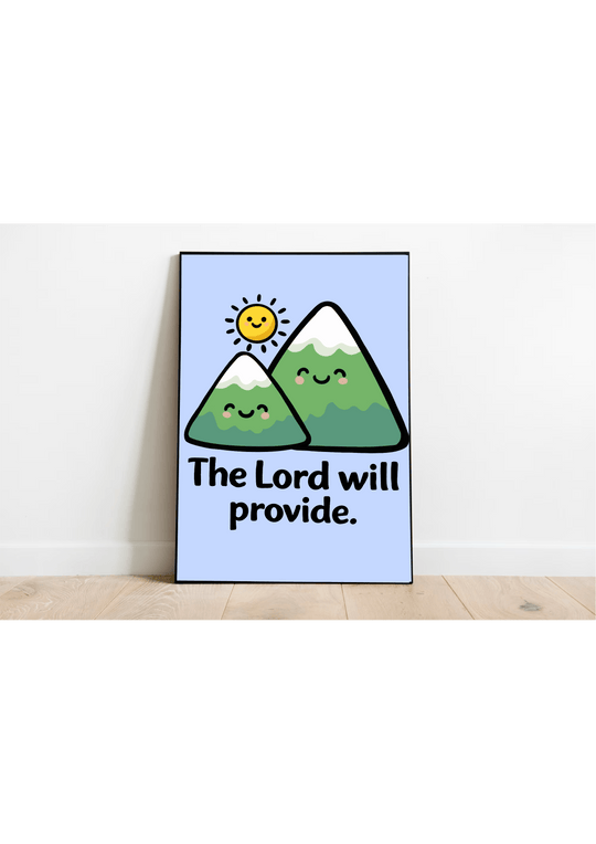 the lord will provide art print cute mountain wall decor kawaii christian poster blue background