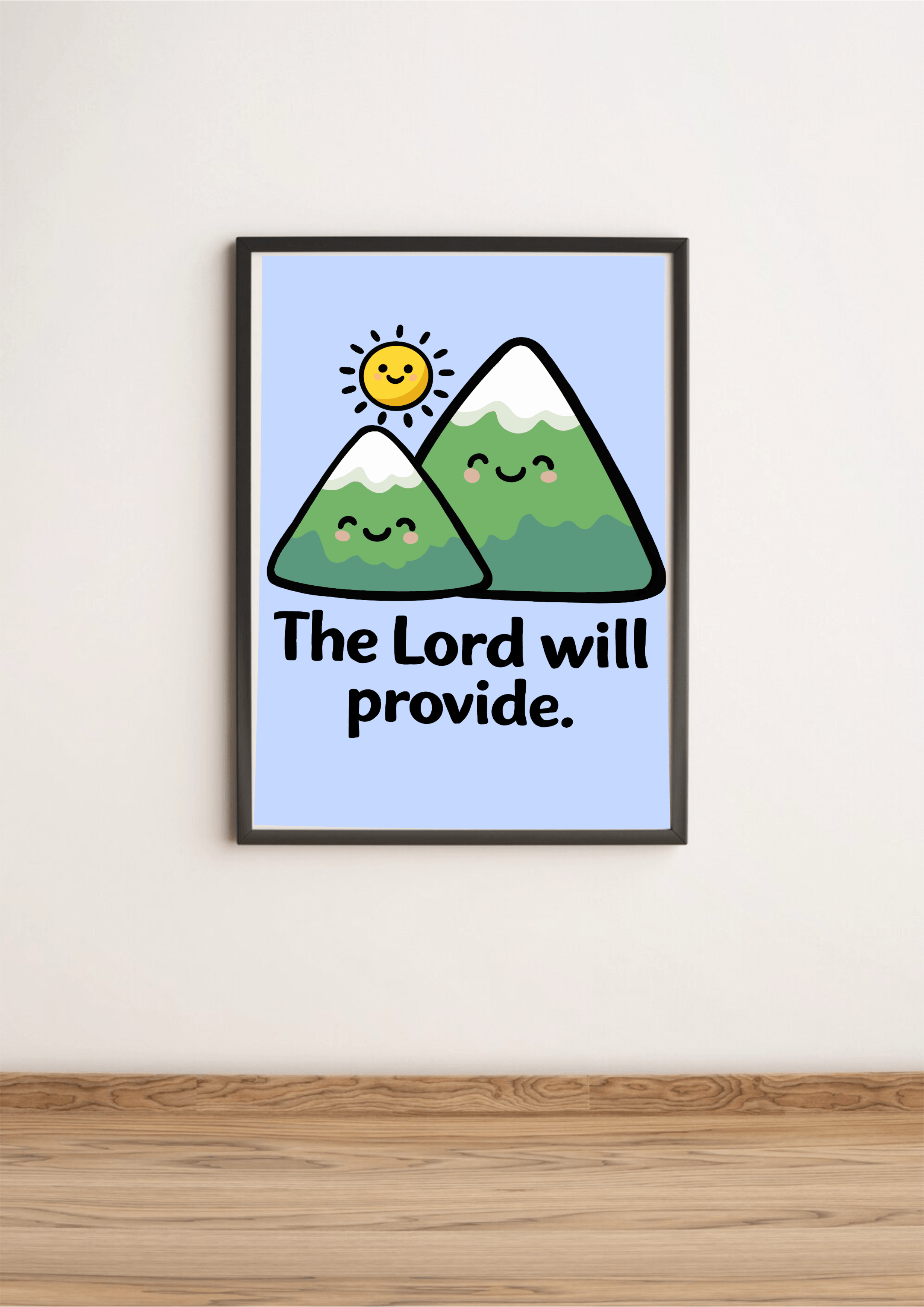 the lord will provide art print cute mountain wall decor kawaii christian poster blue background