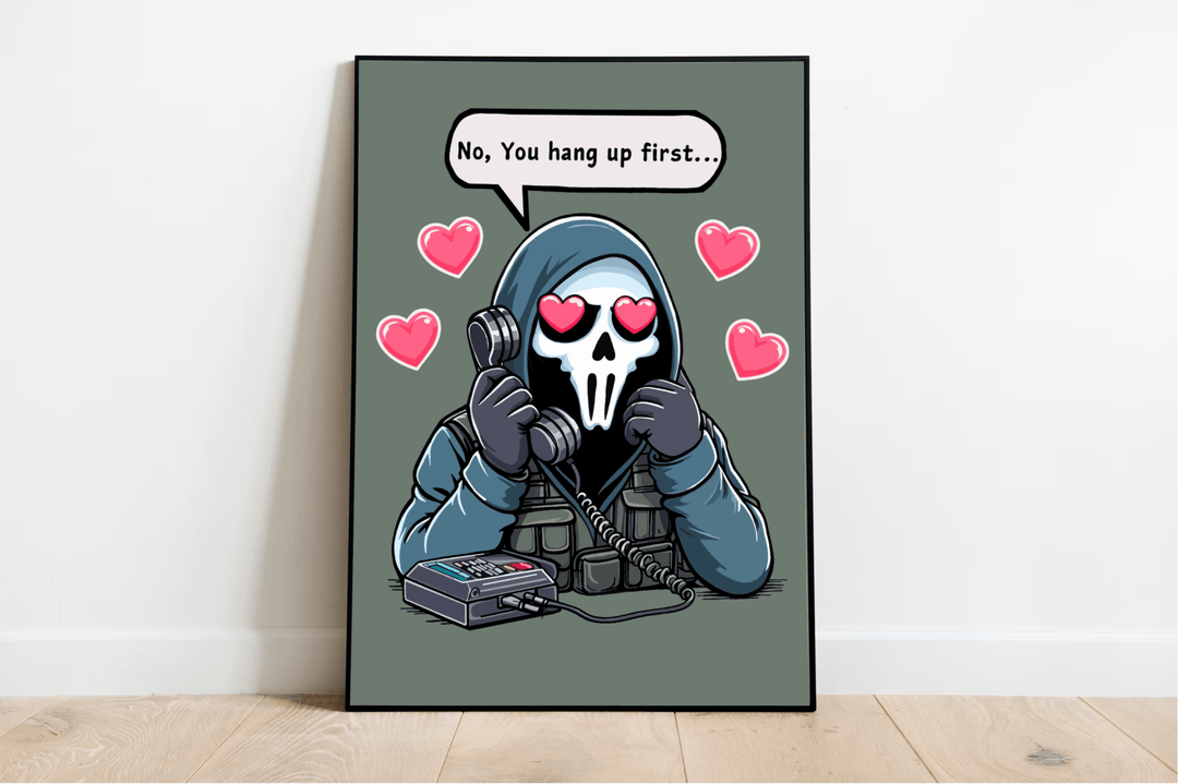 Introducing our whimsical framed print, "No, You Hang Up First!" This quirky piece showcases a mysterious yet charming character—a skeleton with heart-shaped eyes sporting a cozy hoodie and clutching an old-school rotary phone. The playful speech bubble sweetly insists, "No, you hang up first…" as pink hearts flutter all around. Perfectly styled on the wooden floor against a minimalist wall backdrop, this distinctive art piece adds a touch of elegance and humor to any space. Get ready to fall in love with i