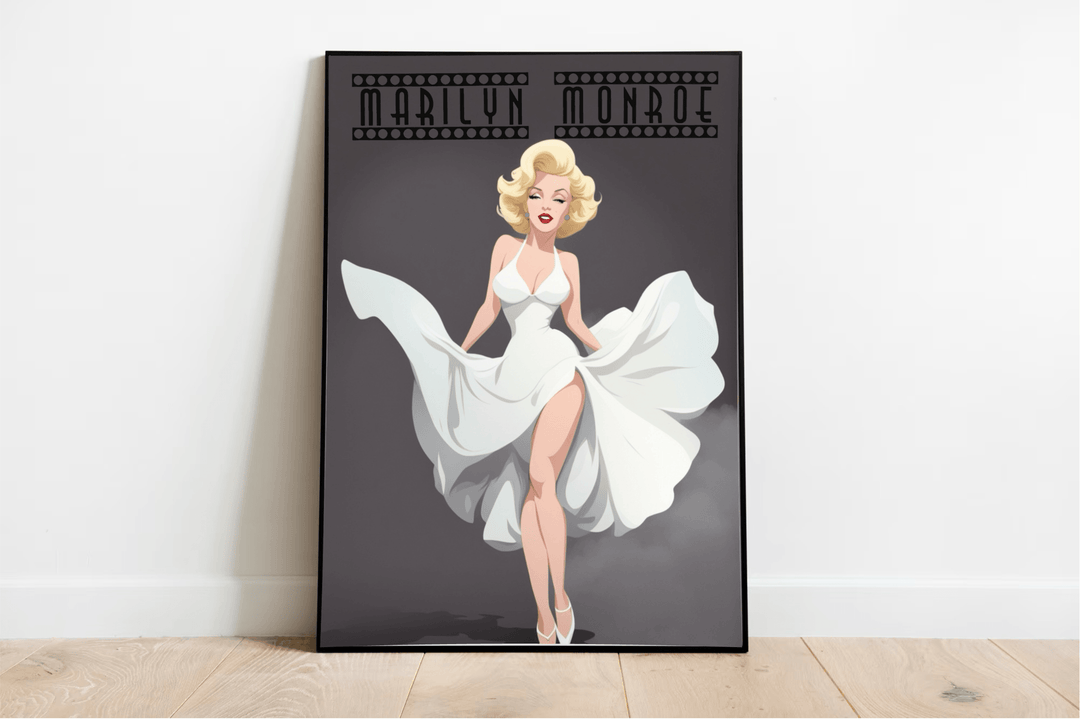 Leaning casually against a simple white wall is the "Marilyn Monroe Cartoon Poster - Timeless Hollywood Elegance," a delightful piece capturing the essence of an era. This charming poster highlights a fun, stylized illustration of Marilyn Monroe in her iconic white dress. She's caught playfully holding down her fluttering skirt, set against a sleek gray background. Her name is elegantly featured at the top in chic lettering, all brought to life with brilliant high-quality printing and a glossy finish that a