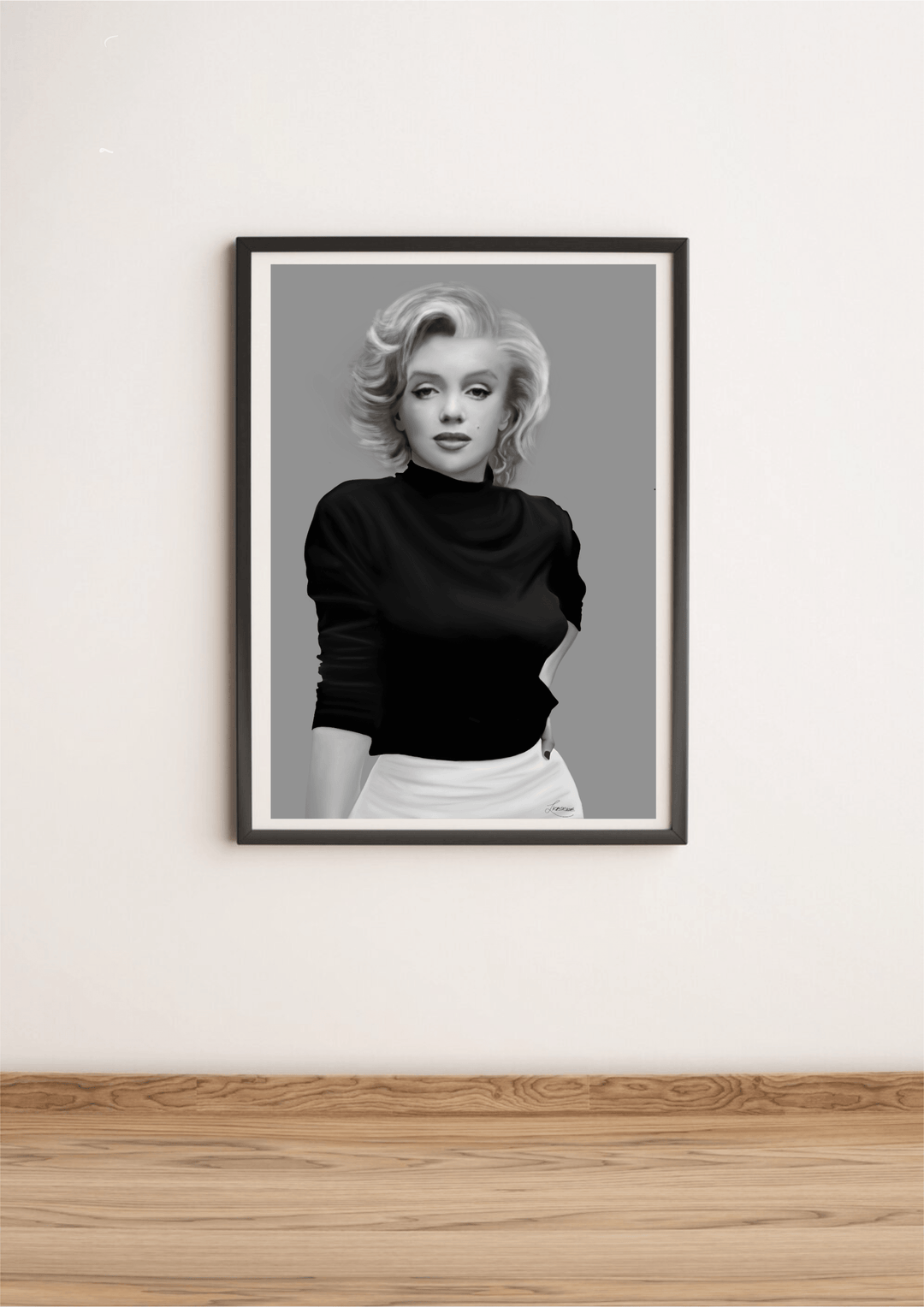 Introducing the "Timeless Beauty - Handcrafted Marilyn Monroe Artwork," a stunning tribute to the eternal charm of Hollywood's iconic star. Imagine a framed black-and-white portrait of Marilyn Monroe, gracefully adorned in a sleek dark turtleneck and light-colored pants. The white wall backdrop perfectly captures the essence of Hollywood glamour, highlighting her signature short, wavy hair through its chic grayscale aesthetic. This exquisite piece rests on a wooden floor that beautifully complements its min
