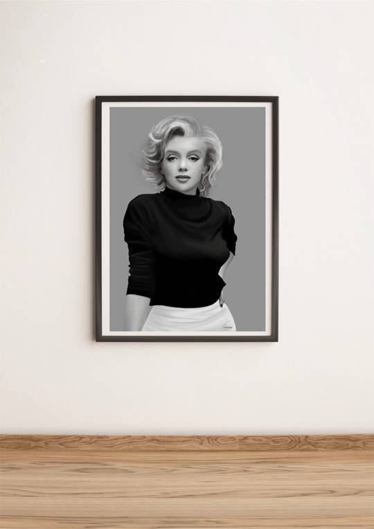 Introducing the "Timeless Beauty - Handcrafted Marilyn Monroe Artwork," a stunning tribute to the eternal charm of Hollywood's iconic star. Imagine a framed black-and-white portrait of Marilyn Monroe, gracefully adorned in a sleek dark turtleneck and light-colored pants. The white wall backdrop perfectly captures the essence of Hollywood glamour, highlighting her signature short, wavy hair through its chic grayscale aesthetic. This exquisite piece rests on a wooden floor that beautifully complements its min
