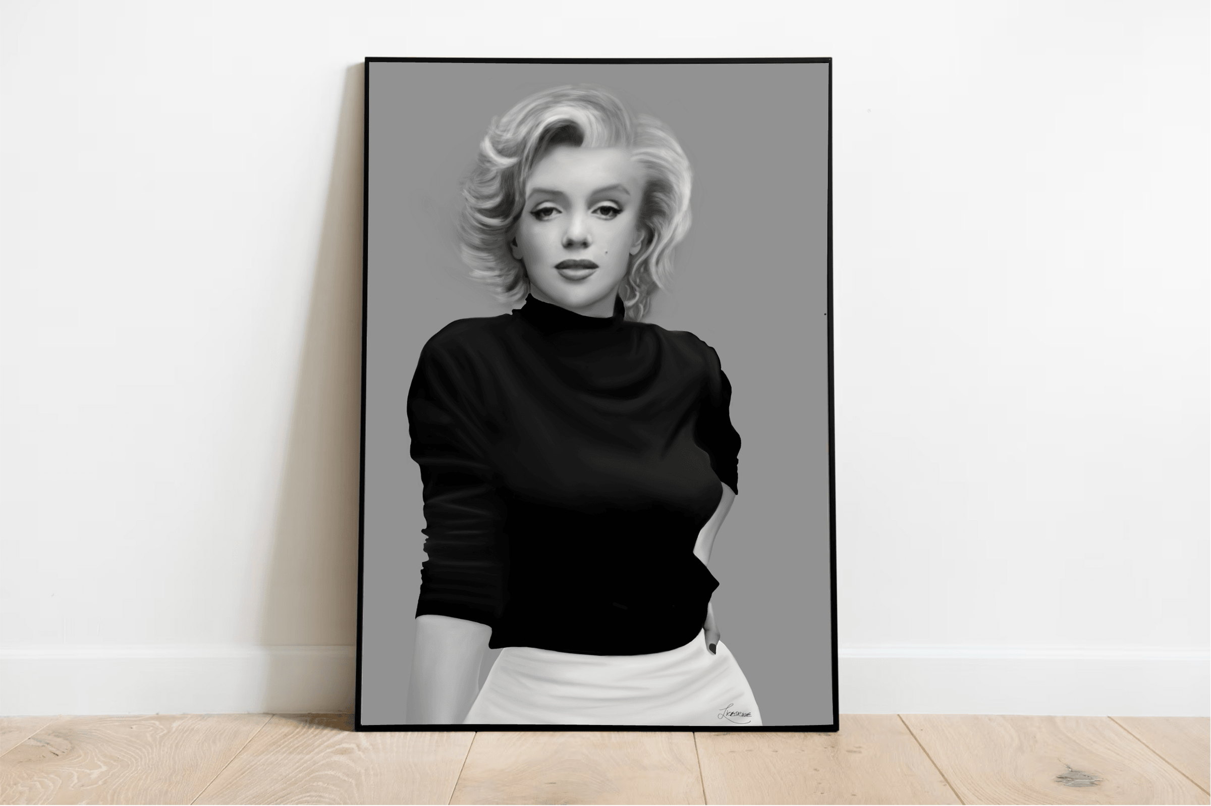 Introducing the "Timeless Beauty - Handcrafted Marilyn Monroe Artwork," a stunning tribute to the eternal charm of Hollywood's iconic star. Imagine a framed black-and-white portrait of Marilyn Monroe, gracefully adorned in a sleek dark turtleneck and light-colored pants. The white wall backdrop perfectly captures the essence of Hollywood glamour, highlighting her signature short, wavy hair through its chic grayscale aesthetic. This exquisite piece rests on a wooden floor that beautifully complements its min