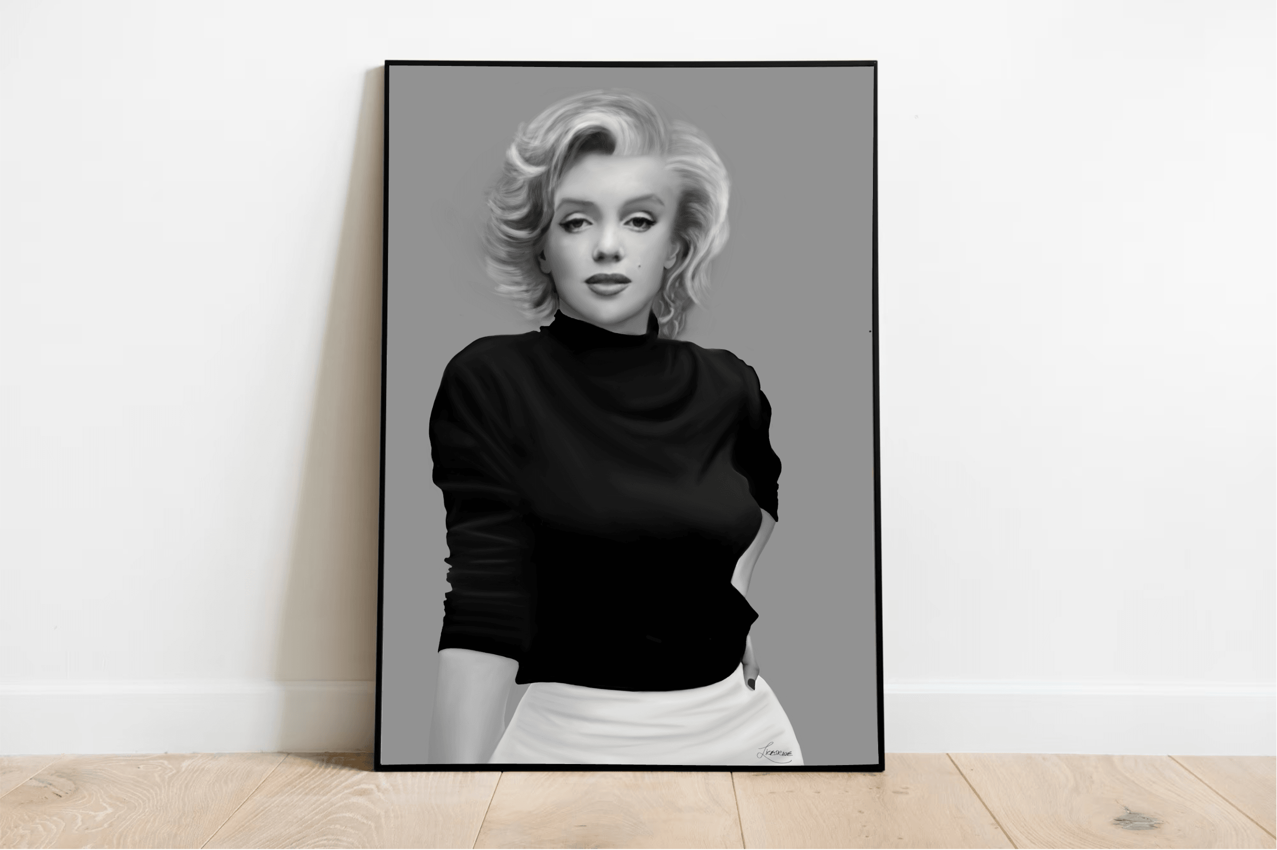Introducing the "Timeless Beauty - Handcrafted Marilyn Monroe Artwork," a stunning tribute to the eternal charm of Hollywood's iconic star. Imagine a framed black-and-white portrait of Marilyn Monroe, gracefully adorned in a sleek dark turtleneck and light-colored pants. The white wall backdrop perfectly captures the essence of Hollywood glamour, highlighting her signature short, wavy hair through its chic grayscale aesthetic. This exquisite piece rests on a wooden floor that beautifully complements its min