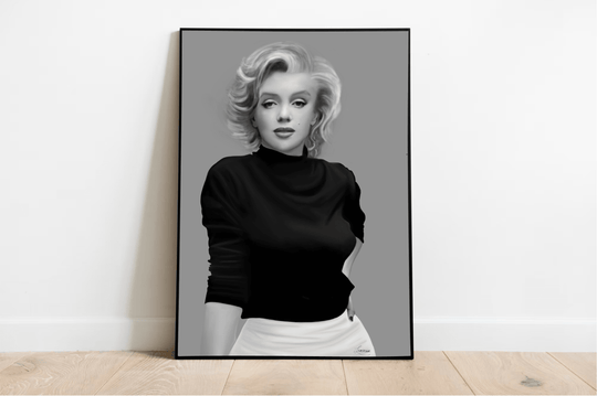 Introducing the "Timeless Beauty - Handcrafted Marilyn Monroe Artwork," a stunning tribute to the eternal charm of Hollywood's iconic star. Imagine a framed black-and-white portrait of Marilyn Monroe, gracefully adorned in a sleek dark turtleneck and light-colored pants. The white wall backdrop perfectly captures the essence of Hollywood glamour, highlighting her signature short, wavy hair through its chic grayscale aesthetic. This exquisite piece rests on a wooden floor that beautifully complements its min
