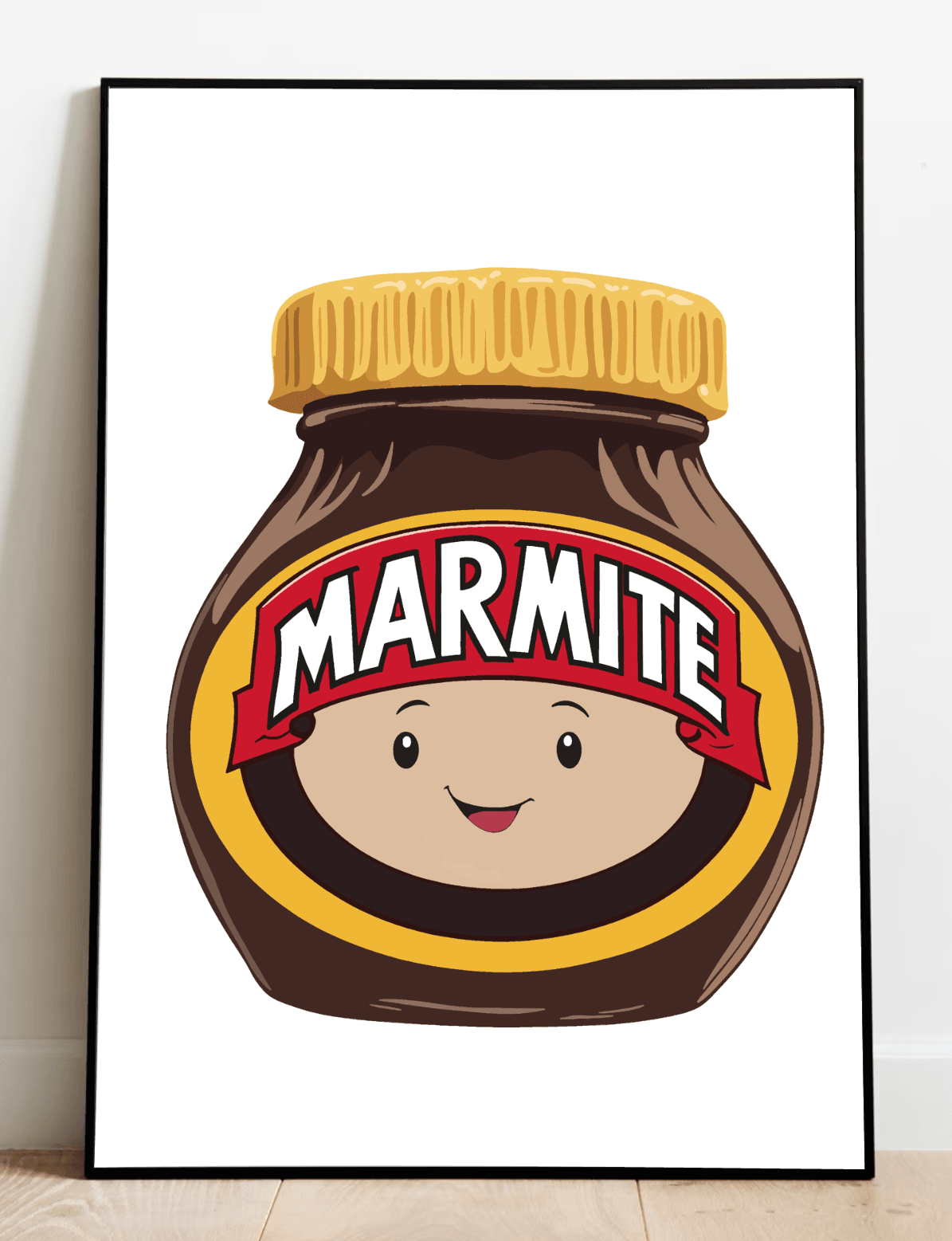 Meet the adorable Cute Marmite Print! This charming piece showcases a smiling marmite jar, complete with a cheerful face on its label. With its iconic brown body, yellow lid, and vibrant red "MARMITE" banner, this delightful jar leans playfully against a white wall on a cozy wooden floor. Perfect for any space that needs a touch of whimsy and fun, this lovely artwork comes in various print options to suit your style.