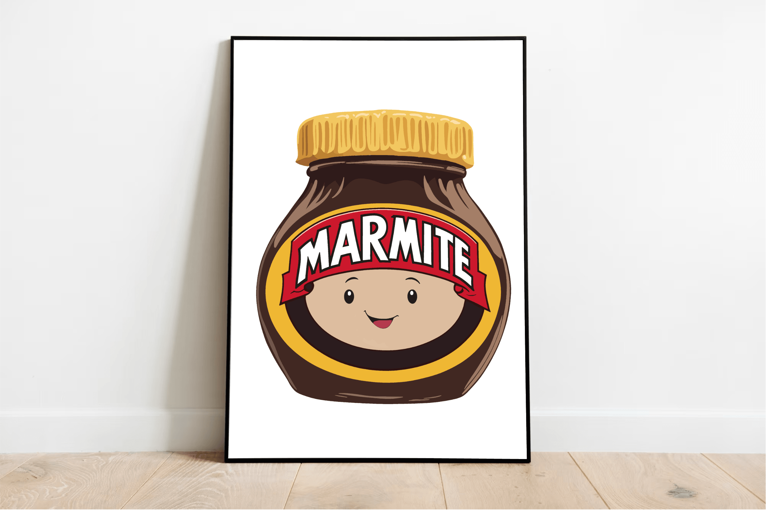 Meet the adorable Cute Marmite Print! This charming piece showcases a smiling marmite jar, complete with a cheerful face on its label. With its iconic brown body, yellow lid, and vibrant red "MARMITE" banner, this delightful jar leans playfully against a white wall on a cozy wooden floor. Perfect for any space that needs a touch of whimsy and fun, this lovely artwork comes in various print options to suit your style.