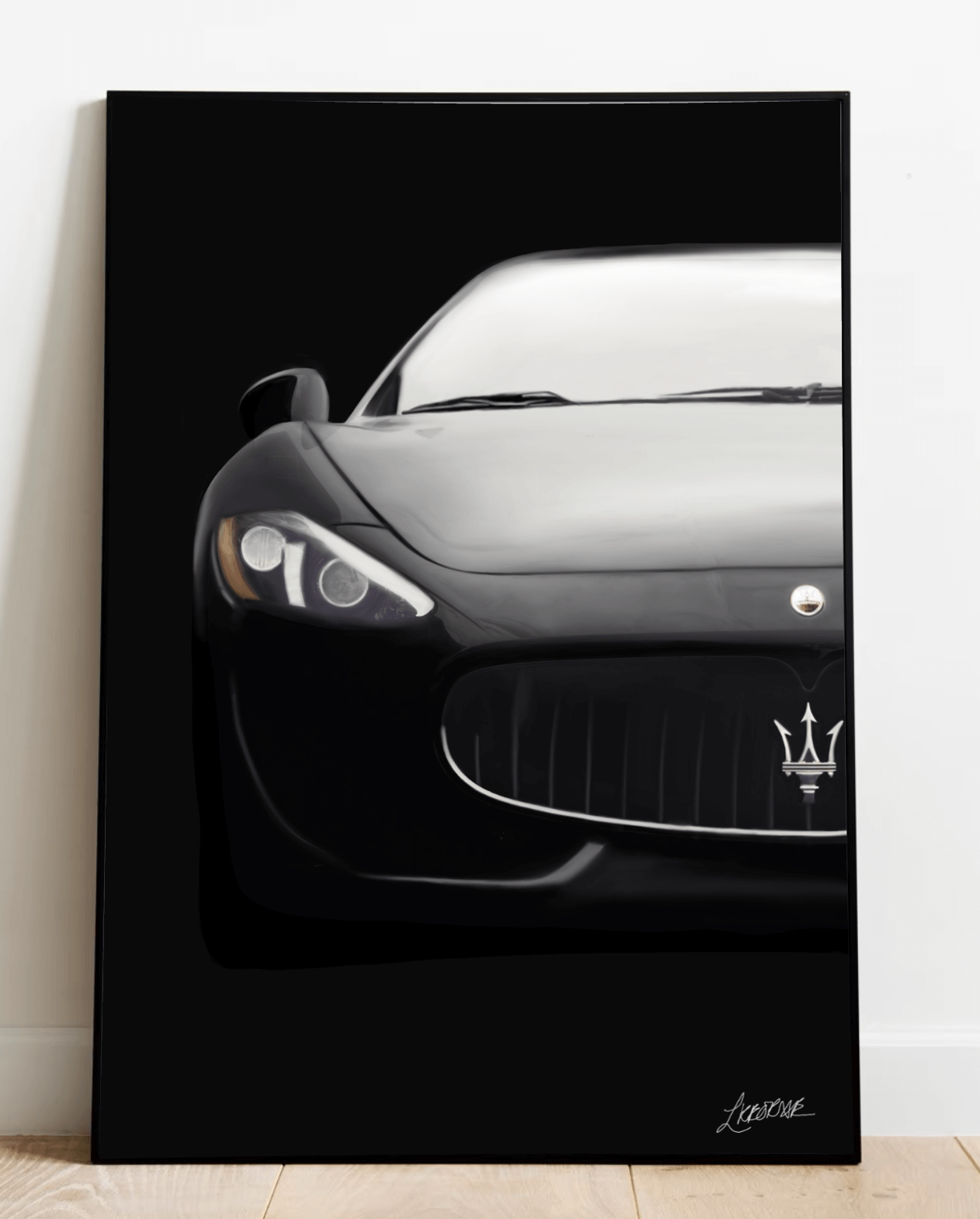 Introducing "Sleek and Powerful," a captivating hand-drawn print that beautifully showcases the front of a black Maserati sports car set against a subtle background. This minimalist artwork highlights the car's signature grille, distinctive headlights, and iconic logo, perfectly capturing the essence of luxury automotive design. Ideal for car enthusiasts and art lovers alike, this piece adds a touch of elegance to any space.