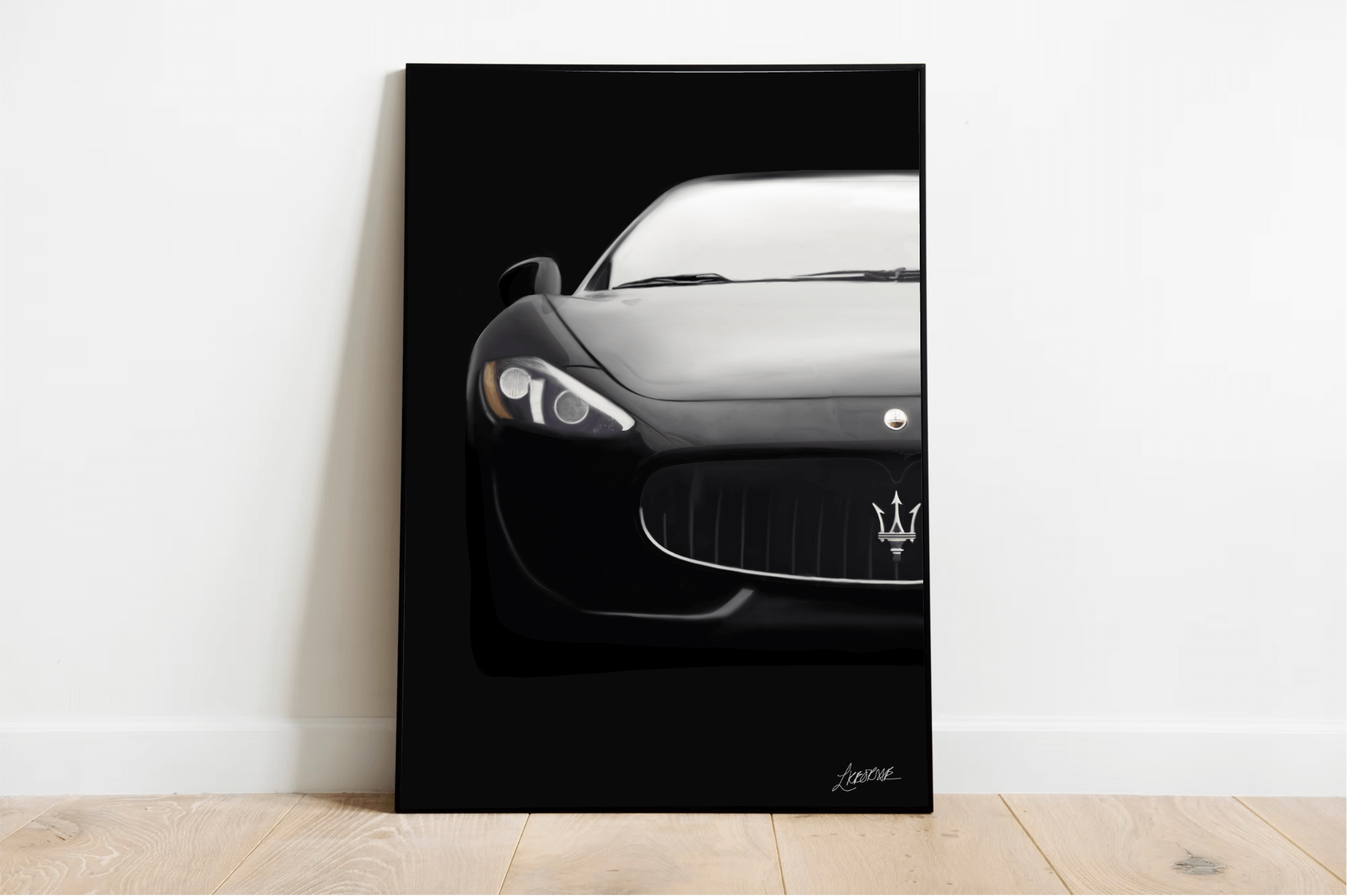 Introducing "Sleek and Powerful," a captivating hand-drawn print that beautifully showcases the front of a black Maserati sports car set against a subtle background. This minimalist artwork highlights the car's signature grille, distinctive headlights, and iconic logo, perfectly capturing the essence of luxury automotive design. Ideal for car enthusiasts and art lovers alike, this piece adds a touch of elegance to any space.