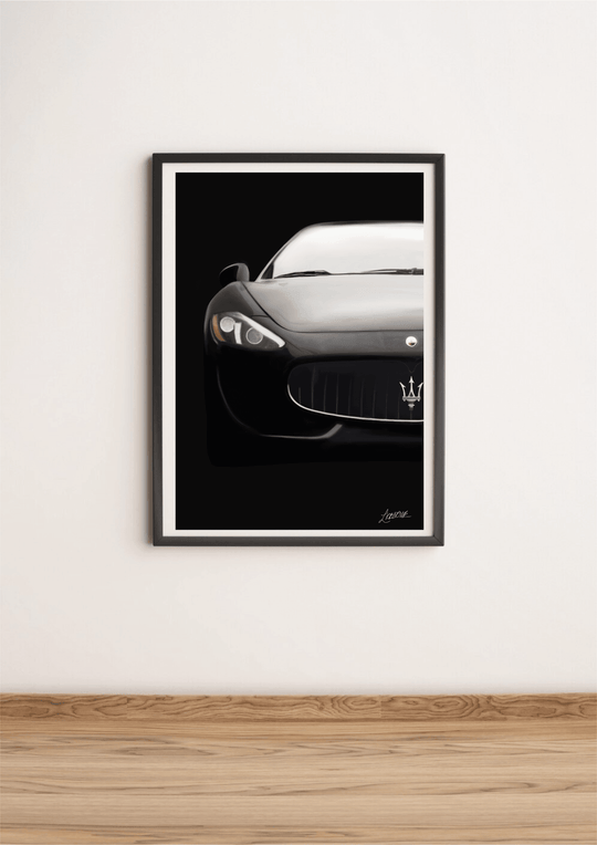 Artistic hand-drawn illustration of a sleek black Maserati, ideal for car enthusiasts and luxury vehicle lovers. A modern print for automotive art collectors - Baby Keo.