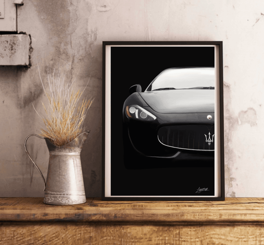 Artistic hand-drawn illustration of a sleek black Maserati, ideal for car enthusiasts and luxury vehicle lovers. A modern print for automotive art collectors - Baby Keo.