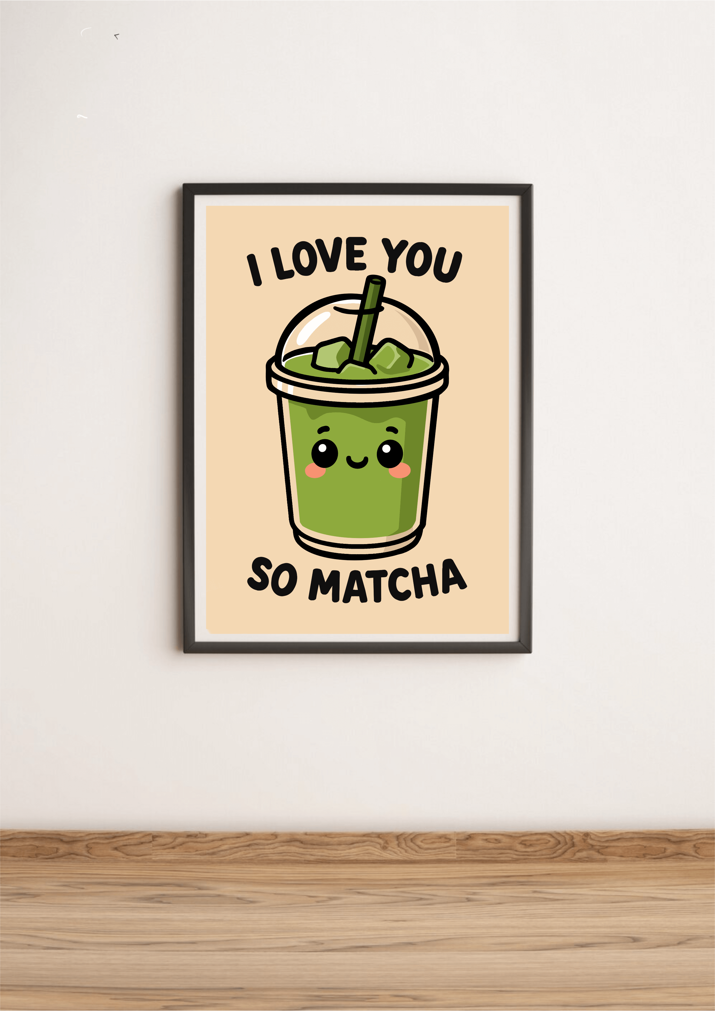 Framed kawaii art print featuring an iced matcha drink with a smiling face and the words “I love you so matcha” on a neutral peach background.


