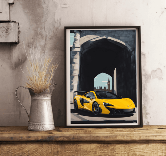 Yellow McLaren Artwork: Dynamic London Streetscape Print - Baby Keo