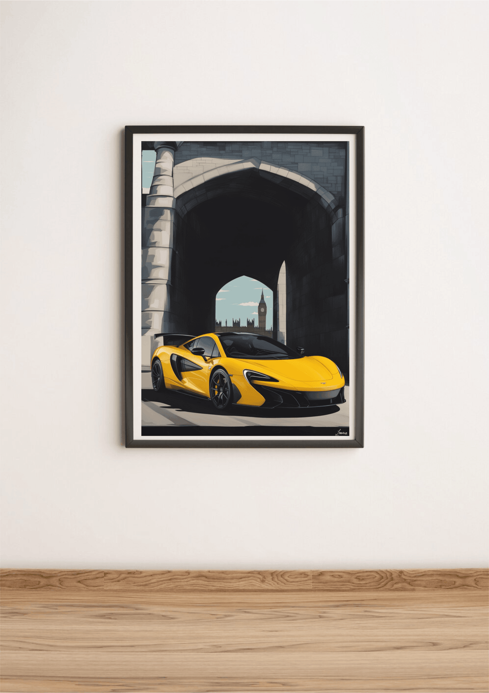 Yellow McLaren Artwork: Dynamic London Streetscape Print - Baby Keo