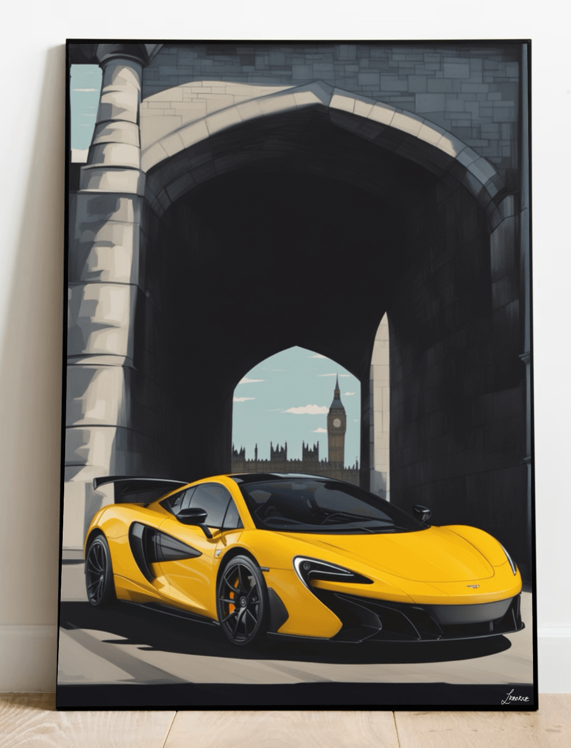 Check out the "Yellow McLaren Artwork: Dynamic London Streetscape Print" – it's a real eye-catcher! Imagine this stunning piece framed and leaning against a crisp white wall. It beautifully captures a McLaren parked under an old stone archway, with the breathtaking London skyline, featuring Big Ben, just behind it. The high-gloss finish makes this automotive art pop on light-colored hardwood floors, adding an extra touch of elegance to any space.