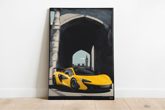 Check out the "Yellow McLaren Artwork: Dynamic London Streetscape Print" – it's a real eye-catcher! Imagine this stunning piece framed and leaning against a crisp white wall. It beautifully captures a McLaren parked under an old stone archway, with the breathtaking London skyline, featuring Big Ben, just behind it. The high-gloss finish makes this automotive art pop on light-colored hardwood floors, adding an extra touch of elegance to any space.