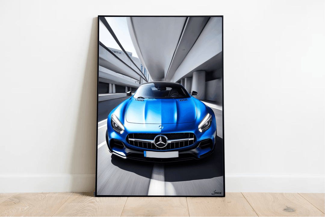 Get ready to rev up your decor with this stunning framed print of the Mercedes Benz AMG Artwork! Propped against a stylish white wall on a light wooden floor, this exquisite piece captures the car parked in a sleek, modern tunnel that highlights its incredible automotive artistry. With a dynamic angle and bright lighting, every sleek line and vibrant color of the vehicle pops beautifully, making it an eye-catching addition to any space.