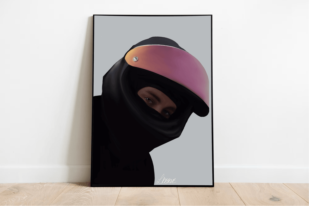 Introducing the "Mysterious Rider: Handcrafted Drawing of a Man with a Motorcycle Helmet Print" – a truly captivating piece perfect for any motorcycle enthusiast! This stunning hand-drawn artwork is beautifully set against a wooden floor, featuring an individual sporting a sleek black balaclava and helmet. The reflective pink visor is the star of the show, adding an eye-catching twist that draws you in. The gray background amps up the intrigue, making this artwork even more irresistible. Plus, it’s signed a