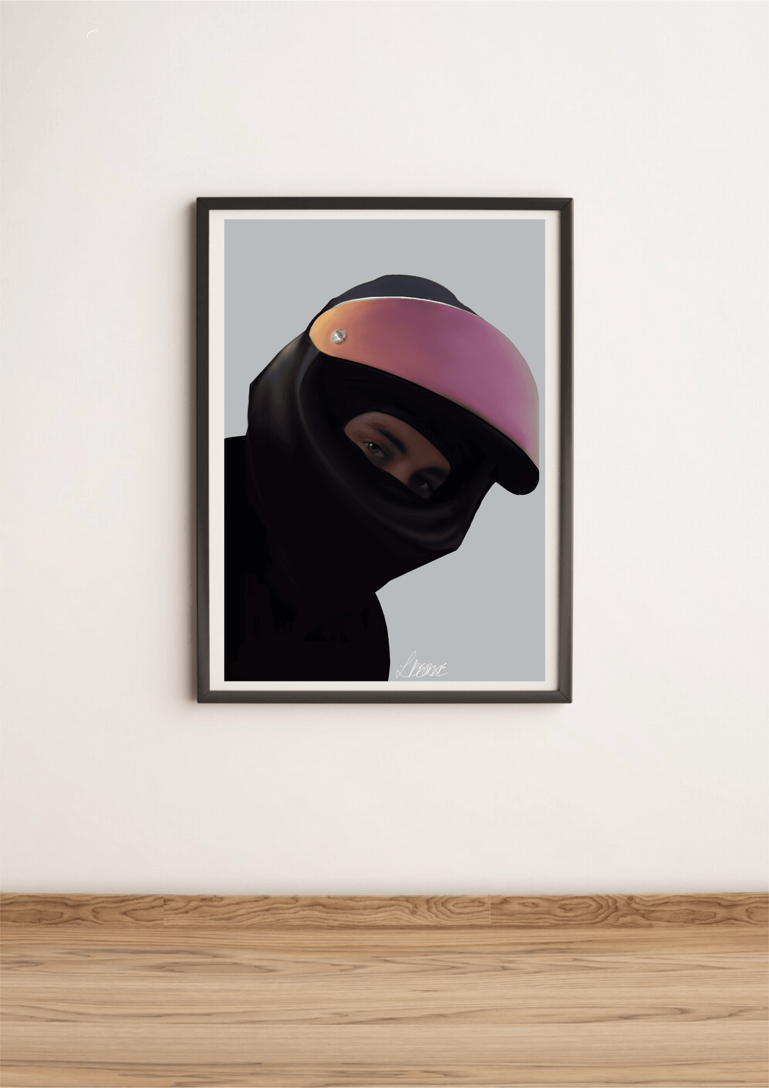 Introducing the "Mysterious Rider: Handcrafted Drawing of a Man with a Motorcycle Helmet Print" – a truly captivating piece perfect for any motorcycle enthusiast! This stunning hand-drawn artwork is beautifully set against a wooden floor, featuring an individual sporting a sleek black balaclava and helmet. The reflective pink visor is the star of the show, adding an eye-catching twist that draws you in. The gray background amps up the intrigue, making this artwork even more irresistible. Plus, it’s signed a